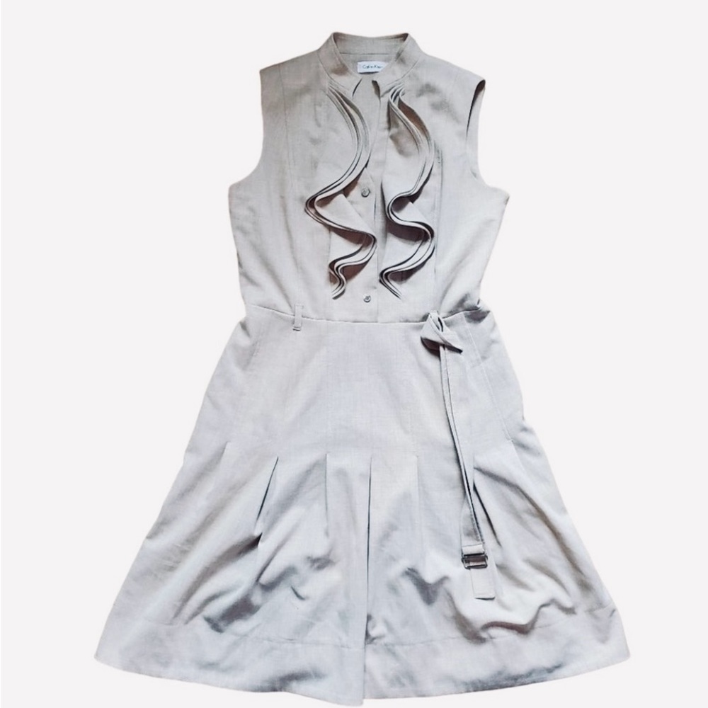 Calvin Klein Tan Ruffle Collar V Neck Sleeveless Pleated Fit and Flare Dress
